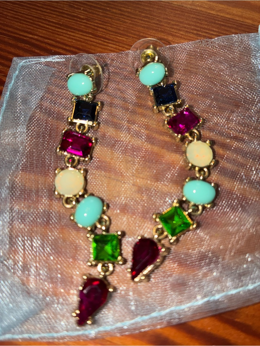 Multicolor Gem Drop Earrings - Gold Tone